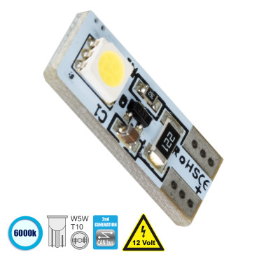 GloboStar® 81087 Λάμπα Αυτοκίνητου T10 W5W 2rd Gen CanBus Series LED 2 SMD 5050 1.6W 240lm 360° DC 12V IP20 6000K