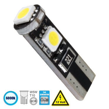 GloboStar® 81088 Λάμπα Αυτοκίνητου T10 W5W 2rd Gen CanBus Series LED 3 SMD 5050 2W 300lm 360° DC 12V IP20 6000K