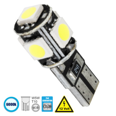 GloboStar® 81089 Λάμπα Αυτοκίνητου T10 W5W 2rd Gen CanBus Series LED 5 SMD 5050 2.8W 420lm 360° DC 12V IP20 6000K