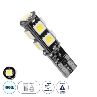 GloboStar® 81096 λάμπα αυτοκίνητου LED T10 W5W 2rd Generation Can-Bus Series 9xSMD5050 4.14W 540lm 360° DC 12-16V IP20 Ψυχρό Λευκό 6000K