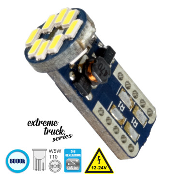 GloboStar® 81104 Λάμπα Αυτοκίνητου T10 W5W 3rd Gen CanBus Extreme Truck Series LED 12 SMD 3014 3.2W 480lm 360° DC 12-24V IP20 6000K