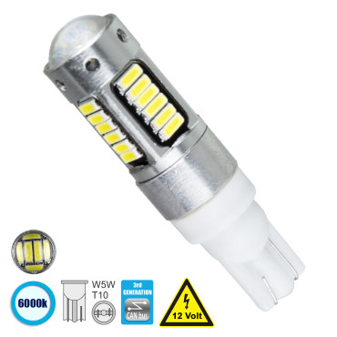 GloboStar® 81108 Λάμπα Αυτοκίνητου T10 W5W 3rd Gen CanBus Series LED 30 SMD 4014 6W 900lm 360° DC 12V IP20 6000K