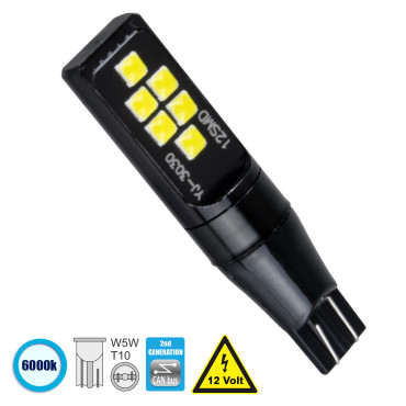 GloboStar® 81121 Λάμπα Αυτοκίνητου T10 W5W 2nd Gen CanBus Series LED 12 SMD 3030 8W 1200lm 360° DC 12V IP20 6000K