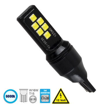 GloboStar® 81133 Λάμπα Αυτοκίνητου T15 W16W 2nd Gen CanBus Series LED 12 SMD 3030 8W 1200lm 360° DC 12V IP20 6000K