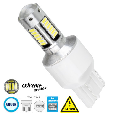 GloboStar® 81148 Λάμπα Αυτοκίνητου T20 7443 W21/5W 3rd Gen CanBus Extreme Series LED 30 SMD 4014 6W 900lm 360° DC 12V IP20 6000K