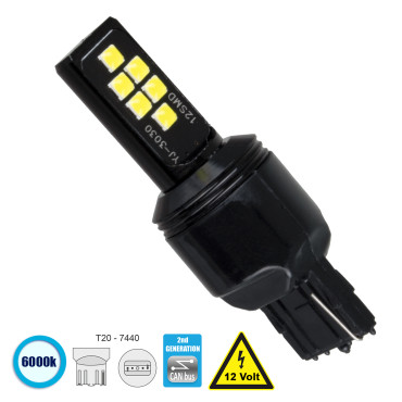 GloboStar® 81157 Λάμπα Αυτοκίνητου T20 7440 W21W 2nd Gen CanBus Series LED 12 SMD 3030 8W 1200lm 360° DC 12V IP20 6000K