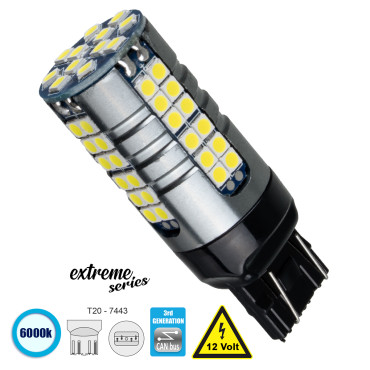 GloboStar® 81163 Λάμπα Αυτοκίνητου T20 7443 W21/5W 3rd Gen CanBus Extreme Series LED 66 SMD 3030 15W 2250lm 360° DC 12V IP20 6000K