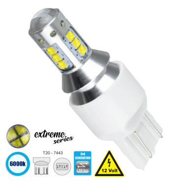 GloboStar® 81166 Λάμπα Αυτοκίνητου T20 - 7443 - W21/5W 3rd Gen Can-Bus Extreme Series LED 16 CREE XBD 15W 2115lm 360° DC 12V IP20 Ψυχρό Λευκό 6000K