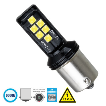 GloboStar® 81244 Λάμπα Αυτοκίνητου 1156 - BA15S - P21W 2nd Gen Can-Bus Series LED 12 SMD 3030 8W 1200lm 360° DC 12V IP20 Ψυχρό Λευκό 6000K