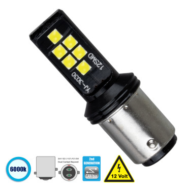 GloboStar® 81248 BAY15D 1157 P21/5W 2nd Gen CanBus Series LED 12 SMD 3030 8W 1200lm 360° DC 12V IP20 6000K