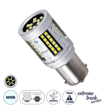 GloboStar® 81275 Λάμπα Αυτοκινήτου & Φορτηγού LED 1156 - BA15S - P21W 3rd Generation Can-Bus Extreme Truck Series 72xSMD3030 7W 1050lm 360° DC 12-36V IP20 Φ2 x Υ5cm Ψυχρό Λευκό 6000K