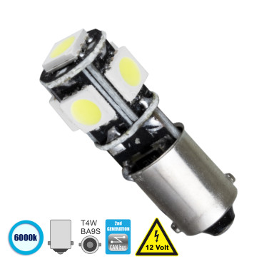 GloboStar® 81288 Λάμπα Αυτοκίνητου BA9S - T4W 2nd Generation Can-Bus Series LED 5 SMD 5050 2W 300lm 360° DC 12V IP20 Ψυχρό Λευκό 6000K