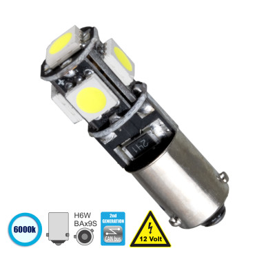 GloboStar® 81297 Λάμπα Αυτοκίνητου BAx9S - H6W 2nd Generation Can-Bus Series LED 5 SMD 5050 2W 300lm 360° DC 12V IP20 Ψυχρό Λευκό 6000K