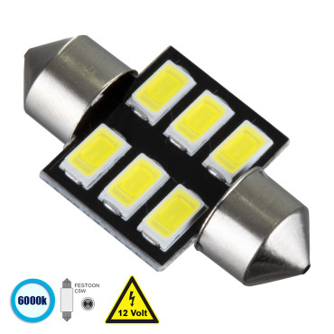 GloboStar® 81305 Λάμπα Αυτοκίνητου 31mm FESTOON - C5W LED 6 SMD 5630 3W 450lm 120° DC 12V IP20 Ψυχρό Λευκό 6000K