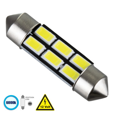 GloboStar® 81306 Λάμπα Αυτοκίνητου 36mm FESTOON - C5W LED 6 SMD 5630 3W 450lm 120° DC 12V IP20 Ψυχρό Λευκό 6000K