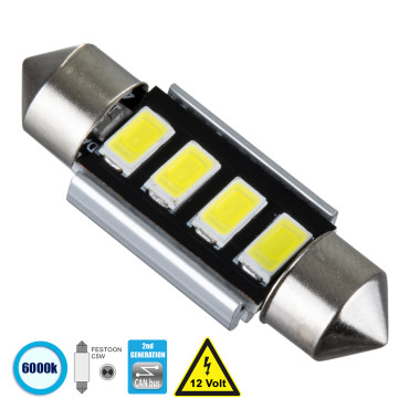 GloboStar® 81312 Λάμπα Αυτοκίνητου 36mm FESTOON - C5W 2nd Generation Can-Bus Series LED 4 SMD 5630 3W 450lm 120° DC 12V IP20 Ψυχρό Λευκό 6000K