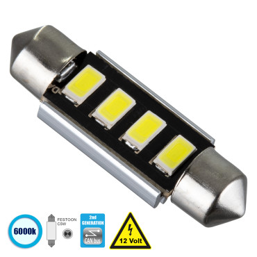 GloboStar® 81315 Λάμπα Αυτοκίνητου 39mm FESTOON - C5W 2nd Generation Can-Bus Series LED 4 SMD 5630 3W 450lm 120° DC 12V IP20 Ψυχρό Λευκό 6000K