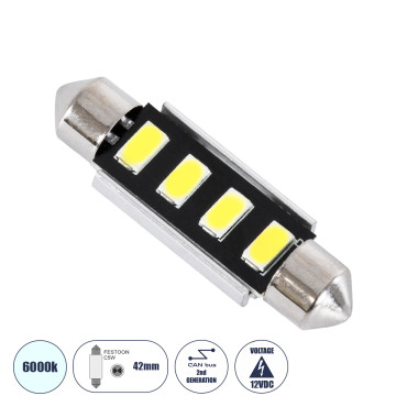 GloboStar® 81321 Λάμπα Αυτοκινήτου LED 42mm FESTOON - C5W 2rd Generation Can-Bus Series 4xSMD5630 2W 300lm 120° DC 12-16V IP20 Μ4.2 x Π1.2 x Υ1.2cm Ψυχρό Λευκό 6000K