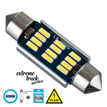 GloboStar® 81330 Λάμπα Αυτοκινήτου & Φορτηγού 39mm FESTOON - C5W 3rd Generation Can-Bus Extreme Truck Series LED 12 SMD 4014 3.6W 540lm 120° DC 12-24V IP20 Ψυχρό Λευκό 6000K