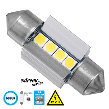 GloboStar® 81337 Λάμπα Αυτοκινήτου 31mm FESTOON - C5W 3rd Generation Can-Bus Extreme Series LED 4 SMD 3030 4W 600lm 120° DC 12V IP20 Ψυχρό Λευκό 6000K