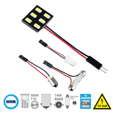 GloboStar® 81401 Λάμπα Αυτοκινήτου LED PCB PLATE - T10 - W5W - BA9S - T4W - FESTOON - C5W 1st Generation Can-Bus Series LED 6 SMD 5630 2W 300lm 120° DC 12V IP20 Ψυχρό Λευκό 6000K