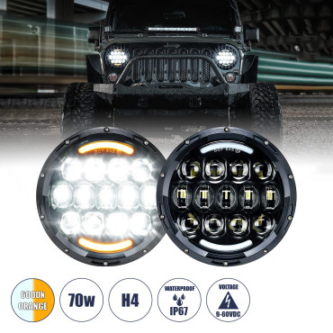 GloboStar® 85415 Σετ 2 x Φανάρια JEEP WRANGLER 6.9'' Ιντσών Βασικού Φωτισμού H/L με DRL & Φλας LED CREE CXB COB 70W 7000lm DC 9-60V Αδιάβροχα IP67 Πορτοκαλί & Ψυχρό Λευκό 6000K