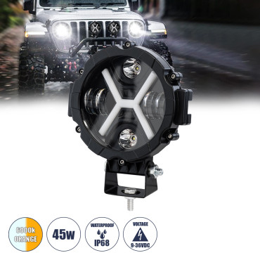 GloboStar® 85416 Vehicle & JEEP Work Lights - Φώτα εργασίας για οχήματα και JEEP με X Light DRL & φλας LED High Power 45W 4500lm DC 9-36V αδιάβροχo IP68 πορτοκαλί & ψυχρό λευκό 6000K 