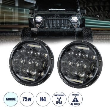 GloboStar® 85417 Σετ 2 x Φανάρια JEEP WRANGLER 7'' Ιντσών βασικού φωτισμού H/L με Ring Light DRL & Φλας LED CREE CXB COB 75W 12000lm DC 10-30V αδιάβροχα IP67 ψυχρό λευκό 6000K