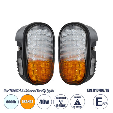 GloboStar® 85455 E57 Mark Σετ 2x φανάρια για TOYOTA & UNIVERSAL FORKLIFT βασικού φωτισμού για οχήματα Περονοφόρα - Κλάρκ με φλας LED 40W DC 10-80V αδιάβροχα IP6K9K πορτοκαλί & ψυχρό λευκό 6000K  